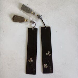 2 wood bookmarks with mother of pearl inlay clovers